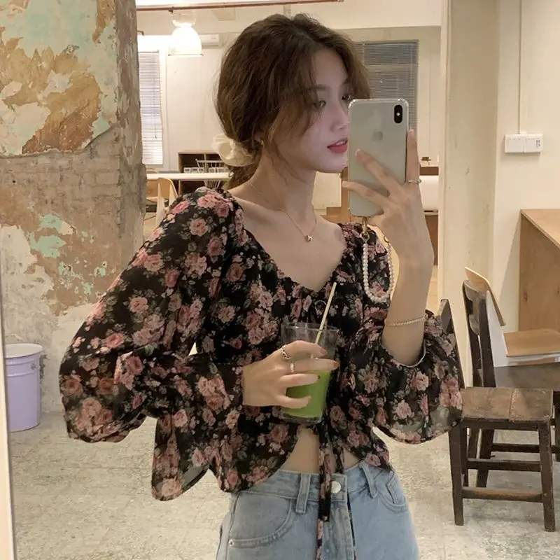 Floral Long-sleeve Blouses Women Crop Tops Vintage Slim Fashion Bandage Temperament Casual All-match Female French Style Tender