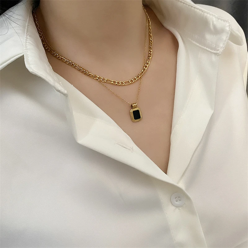 316L Stainless Steel New Fashion Fine Jewelry 2 Layer Retro Black Crysta Charms Thick Chain Choker Necklaces & Pendant For Women