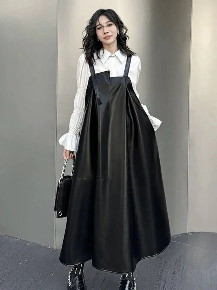 

Женское черное платье миди из искусственной кожи большого размера, новое, с квадратным вырезом, без рукавов, модное, весна-осень