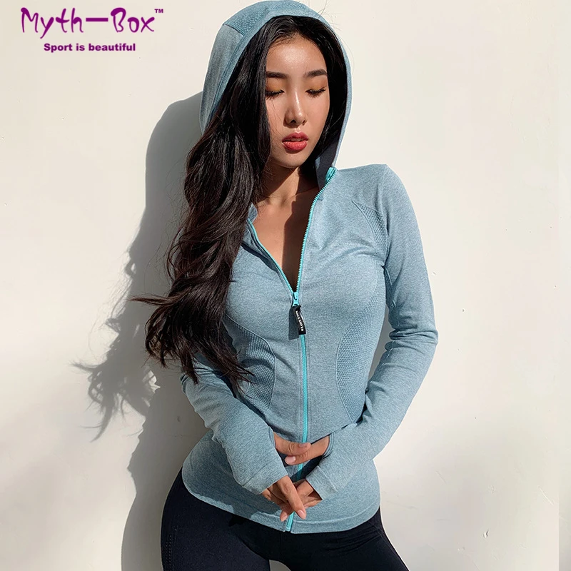 Women Sport Jacket Zipper Yoga Coat Clothes Quick Dry Fitness Jacket Running Hoodies Thumb Hole Sportwear Gym Workout Hooded Top