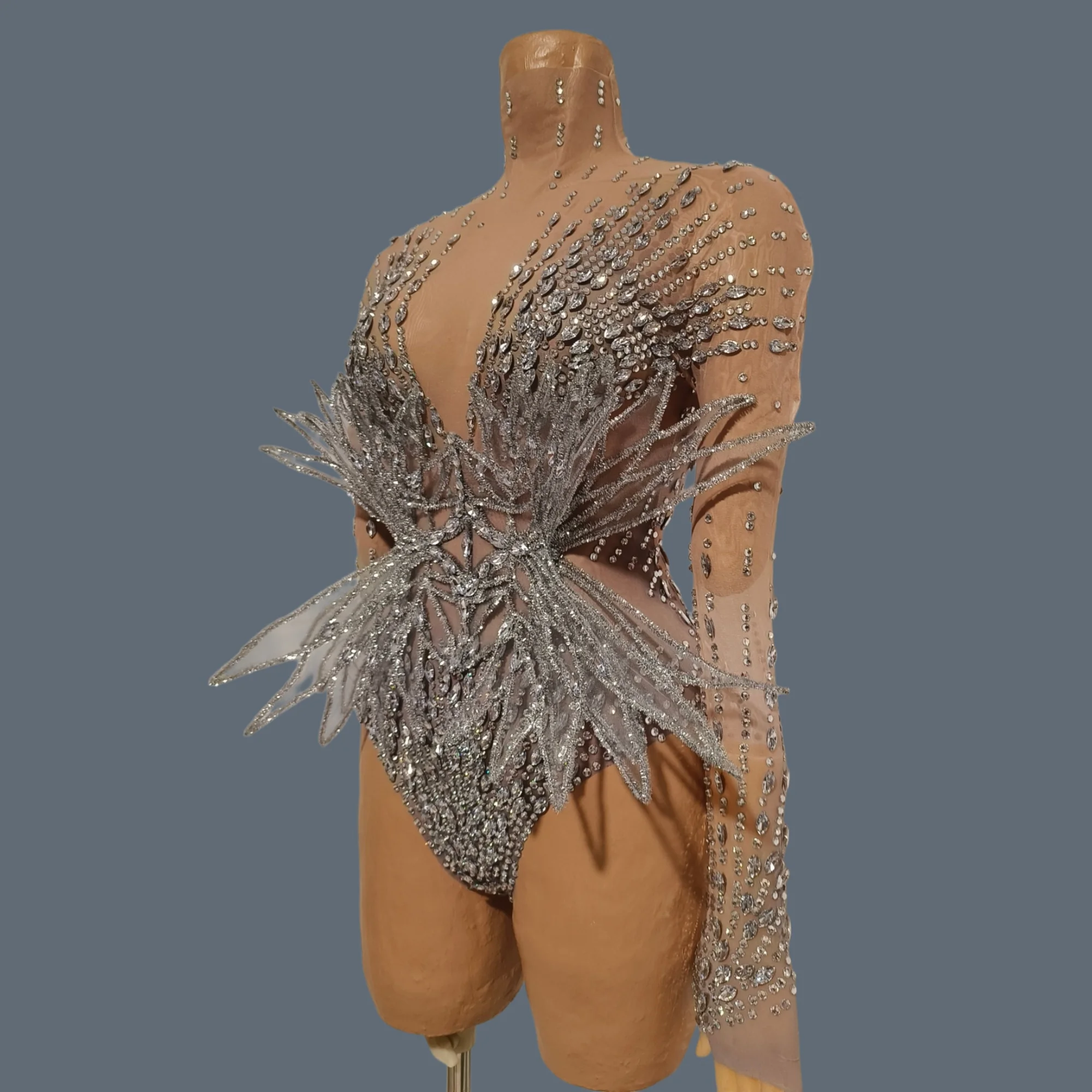 Sheer Nude Long Sleeve Bodysuit Deep V Neck Silver Rhinestones 3D Spiky Silver Glitter Wing Stage Performance Costume Qingying