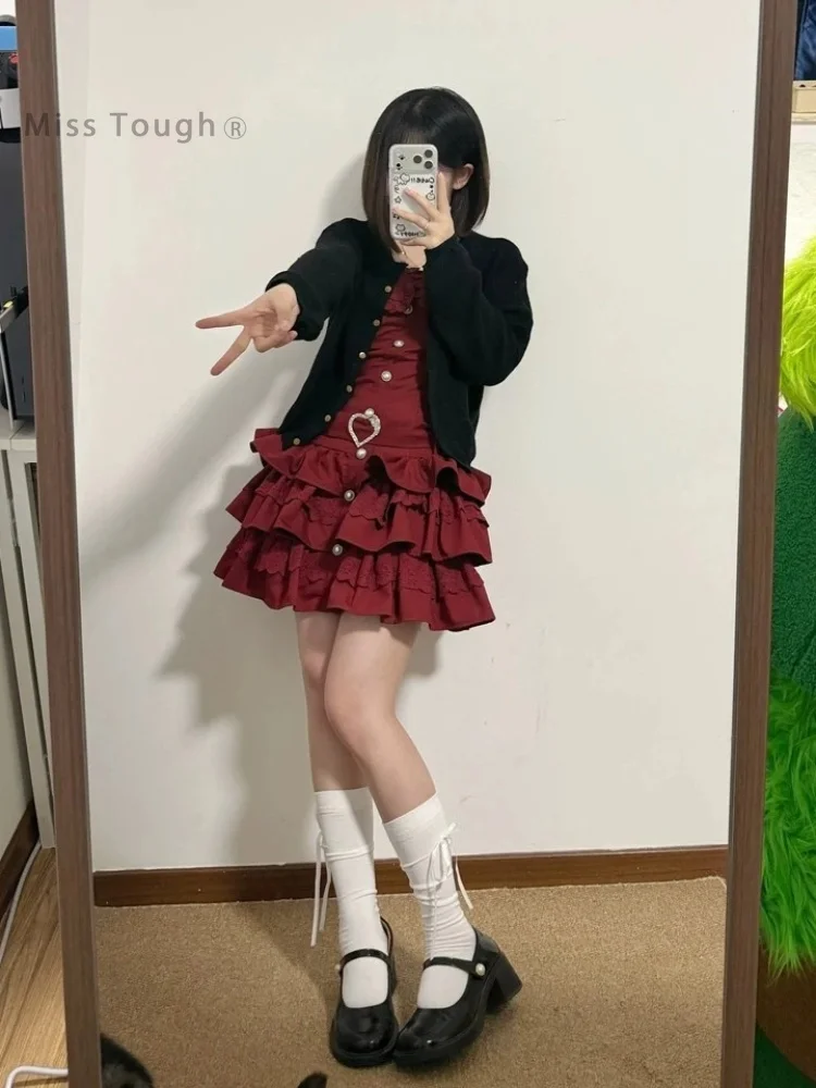 Summer Gothic Dark Y2k Sweet Spicy Girl Women 2 Piece Set Heart Buckle Cardigan + Halter Neck Ruffle Mini Dresses Party Outfits