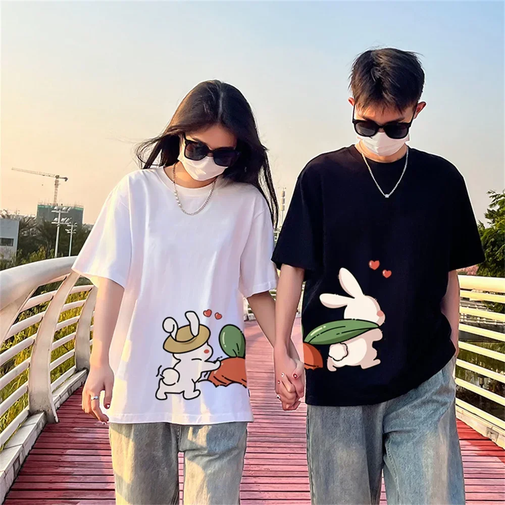 Streetwear Men Women Casual  Soft top Tees Cartoon Rabbit Stealing Carrots Cute Funny Fashion Couple T-Shirt