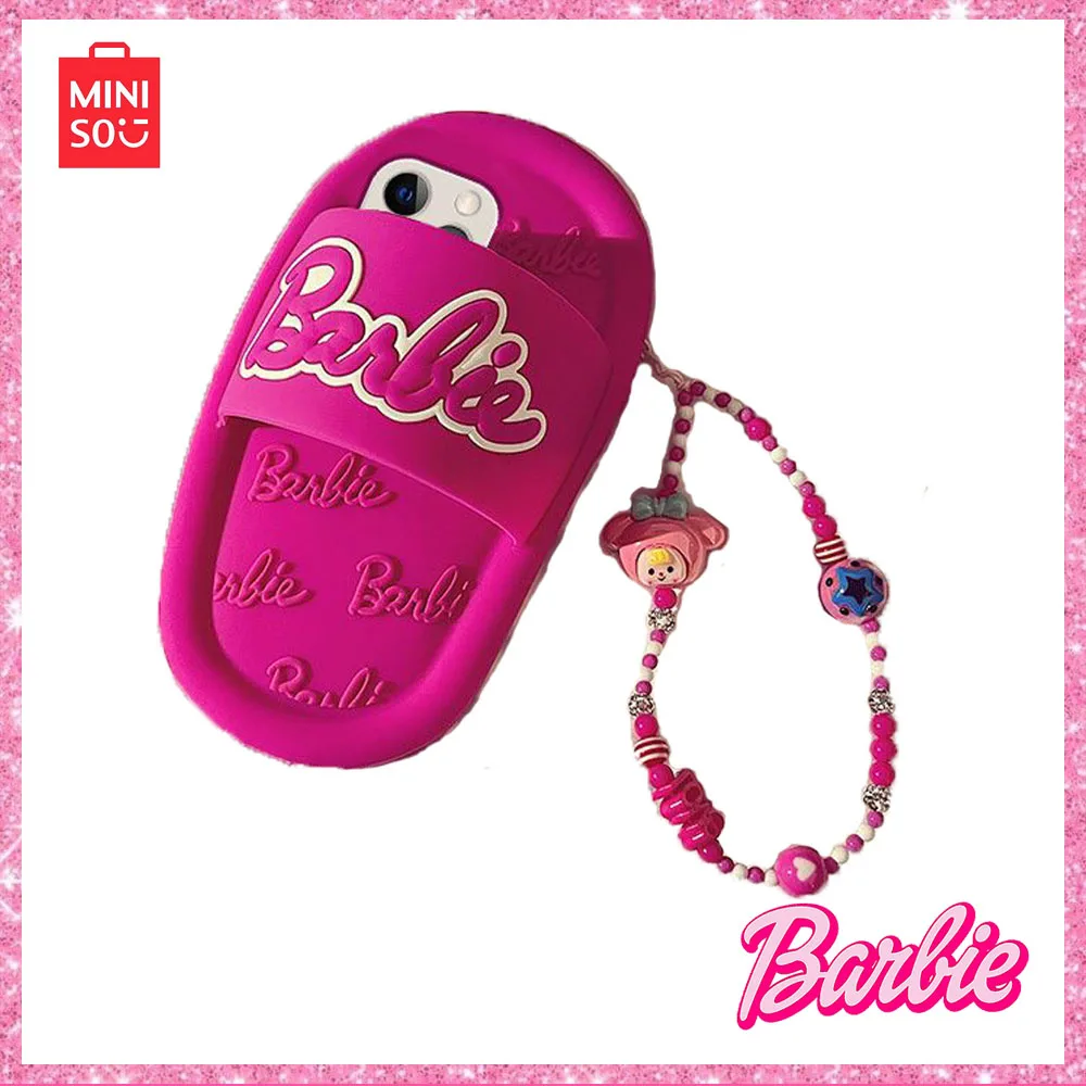 Miniso Barbie Alphabet Rose Slippers with Chain Silicone Soft Case Iphone 13/14/15Pro Max Phone Case Sweet Cool Girl Gift