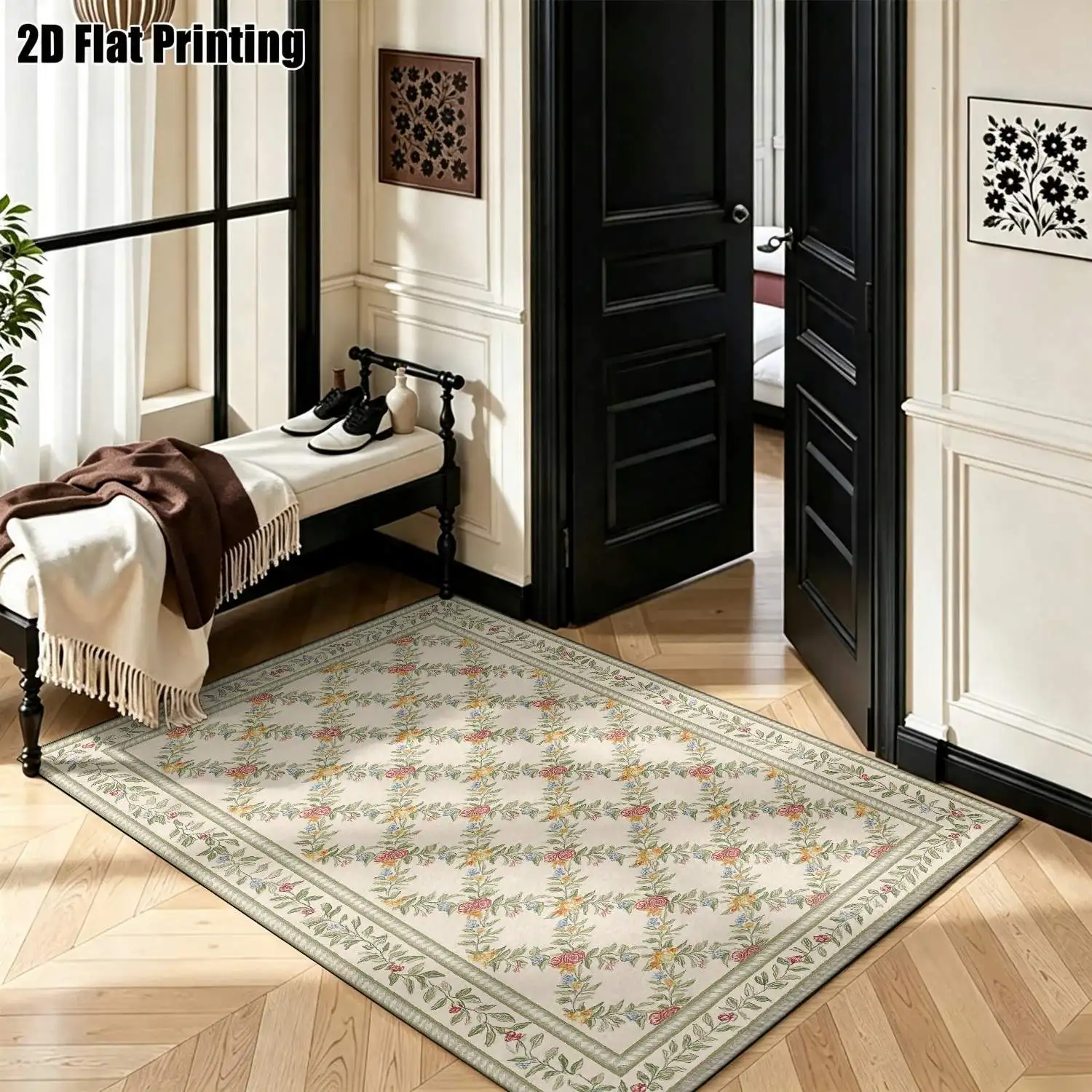 1Pc 2D Printed Carpet: Light Beige Floral Vine Patterns, European Retro Minimalist Style, Home Decor Rug, Multi-Size Machine Washable, for Entrance/Dining/Bedroom/Living Room
