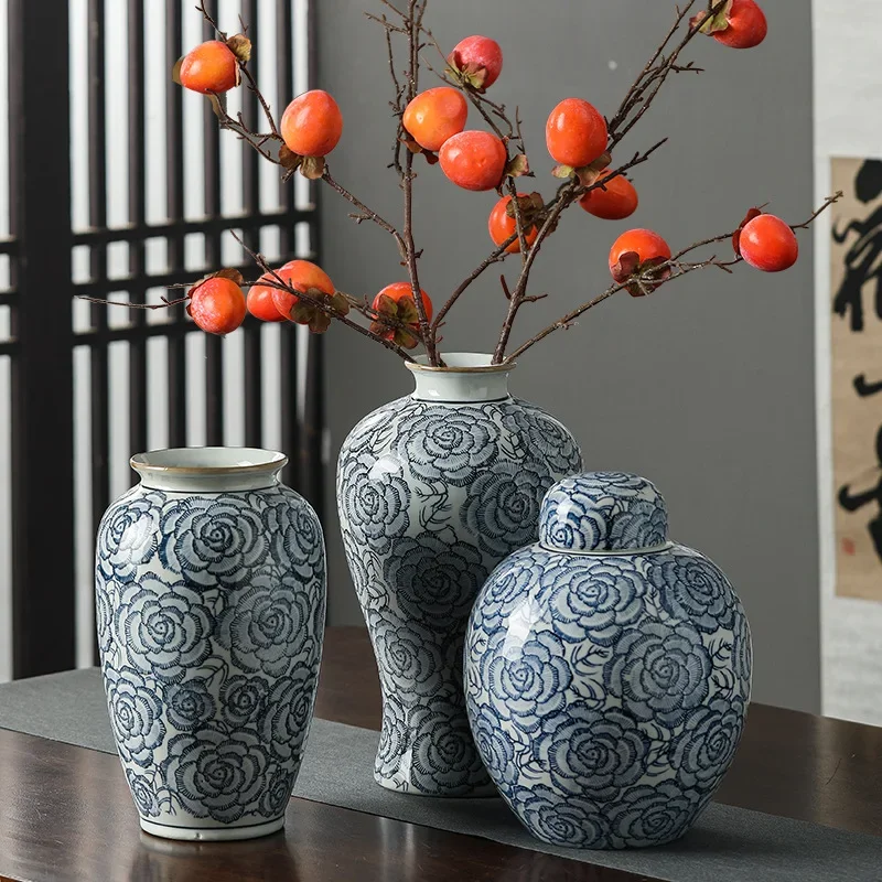 

Blue-and-white porcelain rose blue-and-white porcelain vase ceramic national wind new Chinese style water-fed living room