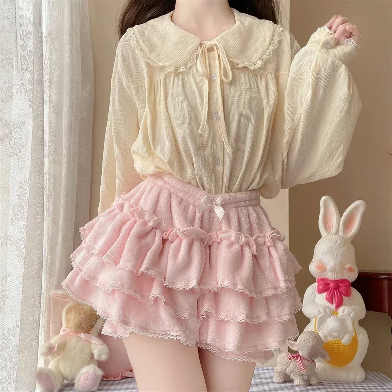 Jupes courtes Lolita Sweet pour femmes, culotte bouffante en peluche, culotte Kawaii japonaise, nœud en dentelle, pantalon de sécurité, Harajuku, Y2K, automne, hiver