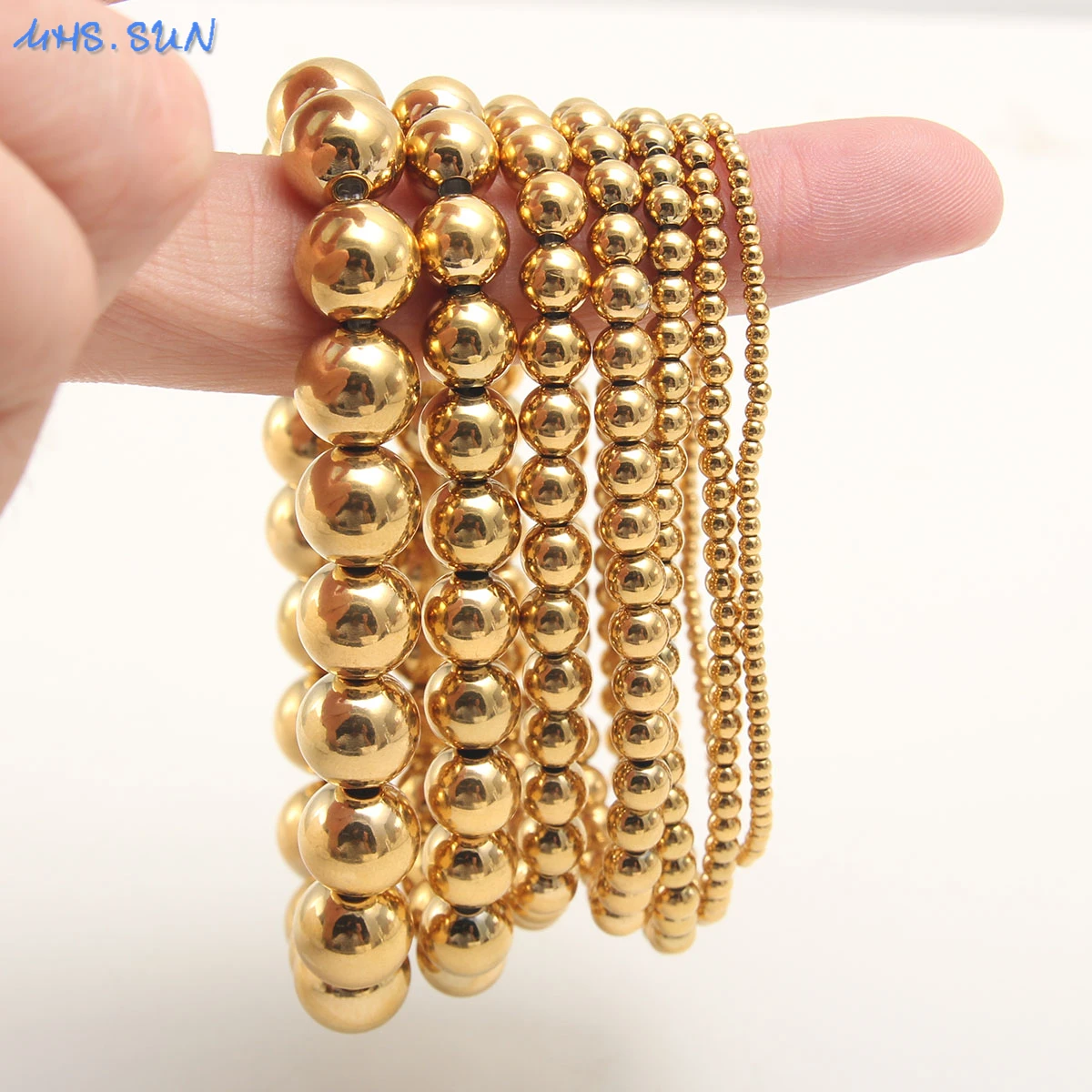 MHS.SUN Trend Stretch Stainless Steel Bracelets Gold Sliver Color 2MM 5MM 8MM Stacked Ball Beaded Bracelet For Women Men Jewelry