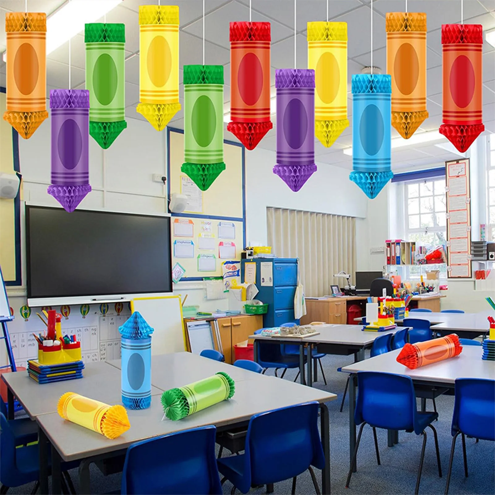 Imagen 3: Decoraciones de bienvenida para la vuelta a la escuela, lápiz divertido colgante con forma de panal, manualidades decorativas para el techo del aula, 6 uds.