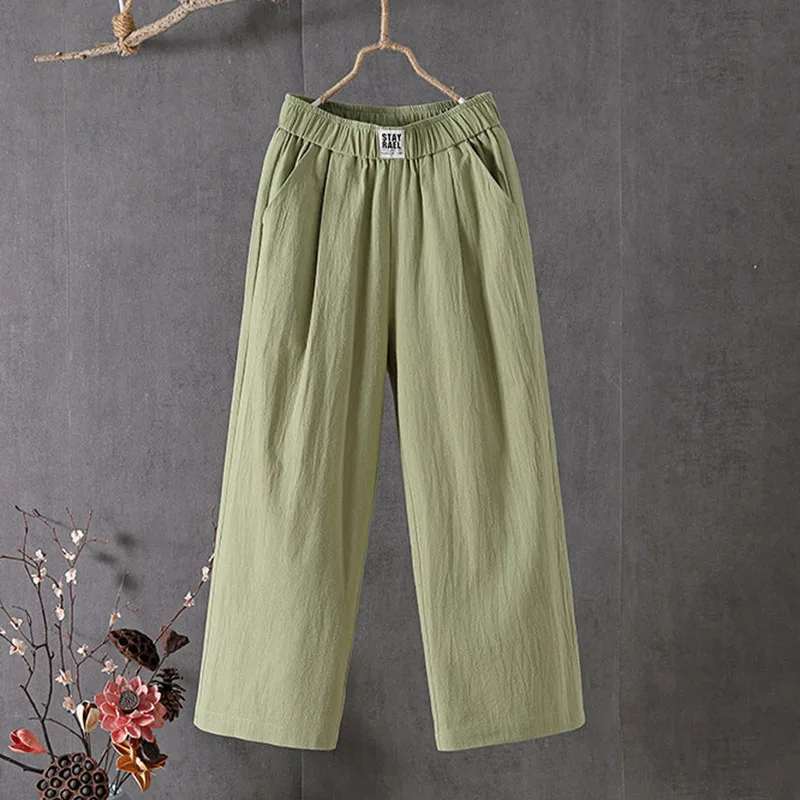 Sommerliche, lockere Freizeithose für Damen, bequem, atmungsaktiv, elastische Taille, weites Bein, einfarbig, vielseitig kombinierbar, Baumwoll-Leinen-Hose – Detail 7