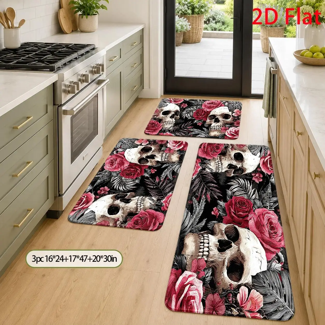 1pc, 2pcs, 3pcs, 2D Flat Kitchen Floor Mat Set, Gothic Floral Skull Pattern Floor Mat, Dark Romantic Vintage Design, Spooky Halloween Decoration, Easy-to-Clean Decorative Kitchen Mat, Suitable for Kitchen, Bathroom, 2D Flat