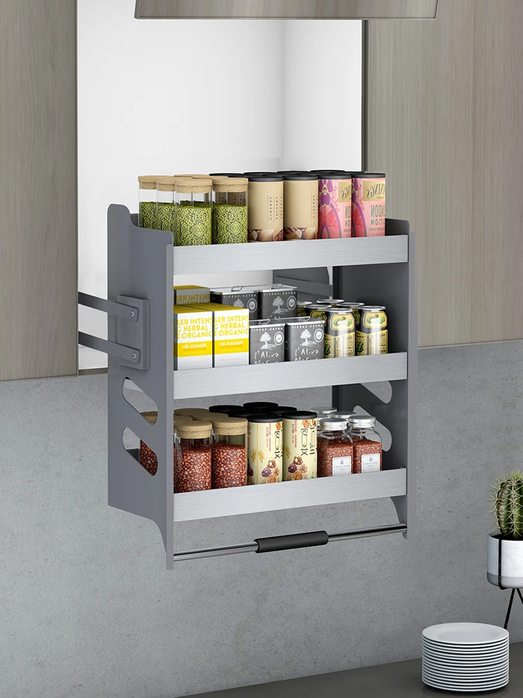 Customized transformation of kitchen pull-down stainless steel pull-down basket, high cabinet, three-layer storage rack