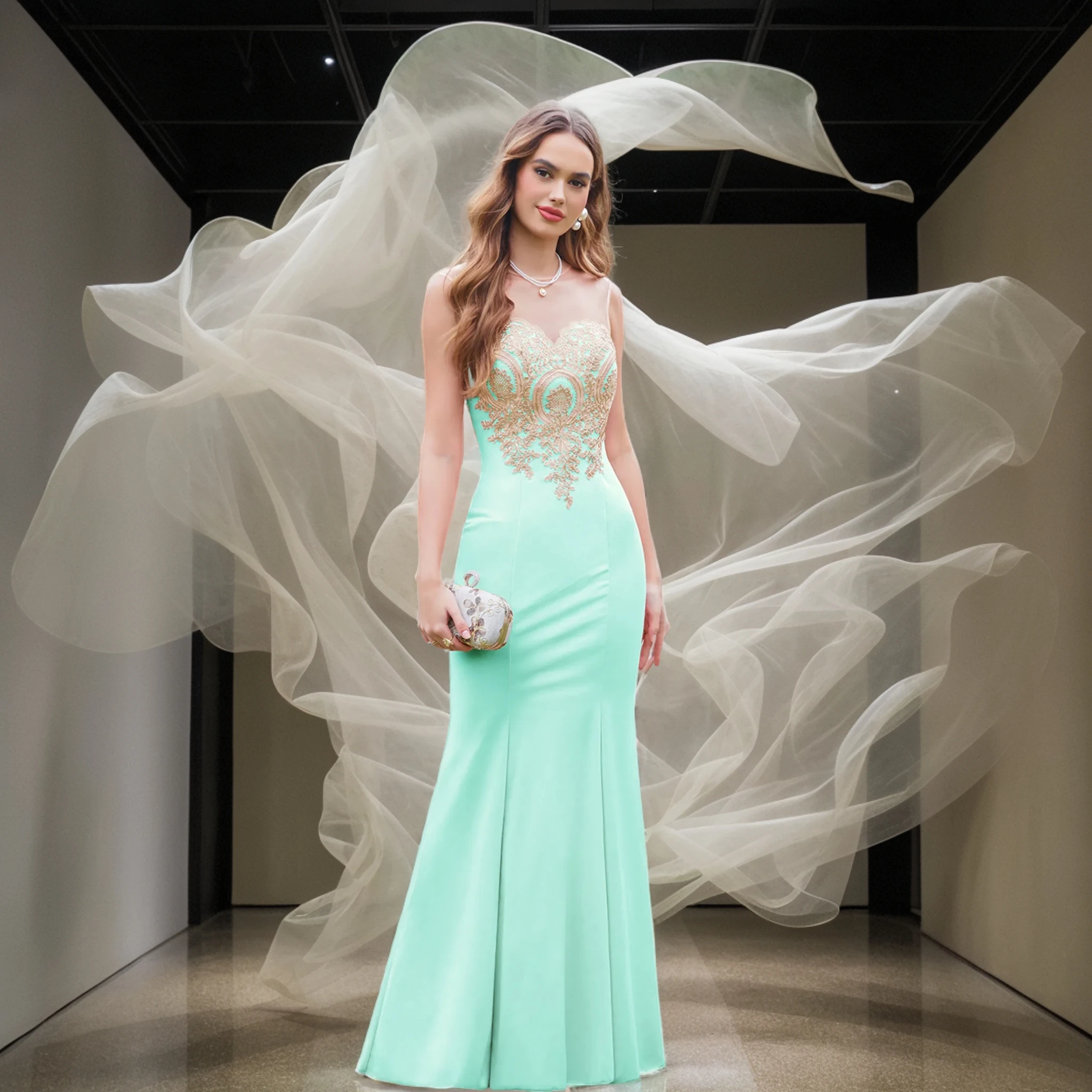 

2025 Women's Sexy Long Dress Sheer Illusion O-Neck Sequins Appliques Mermaid Evening Dresses Slim Floor-Length Summer Prom Dress