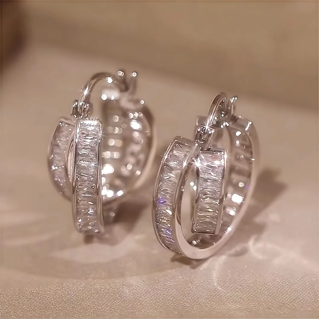 925 Sterling Silver Light‑Luxury Fashion Diamond‑Inlaid Double‑Loop Ear Cuffs for Women, Elegant and Versatile for Banquets - view 2