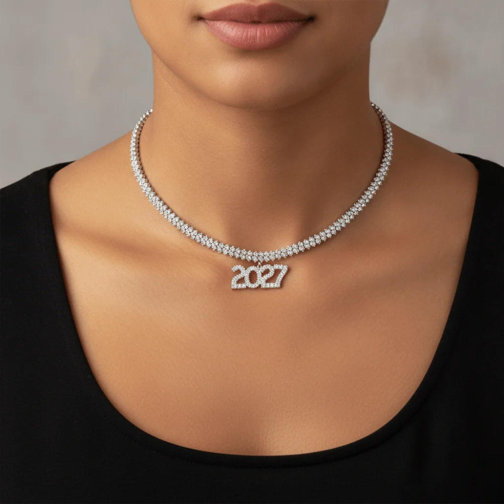 Elegant 2027 Digital Necklace Rhinestone Luxurious Happy New Year Necklace Shiny Number Pendant Collarbone Chain Choker Daily