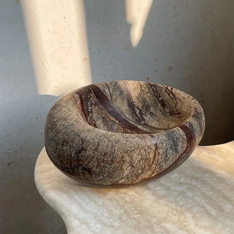

Brown Marble Stone Bird's Nest Shape Bowl Jewelry Necklace Storage Container Art Ornament Home Decoration