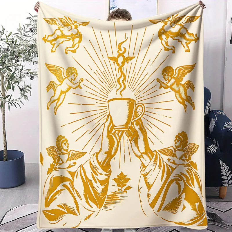 Sacred Coffee Flannel Blanket Golden Sunburst Angel Hands Holding Coffee Cup Print Throw Blanket Cozy Warm Blanket Bed Sofa Gift