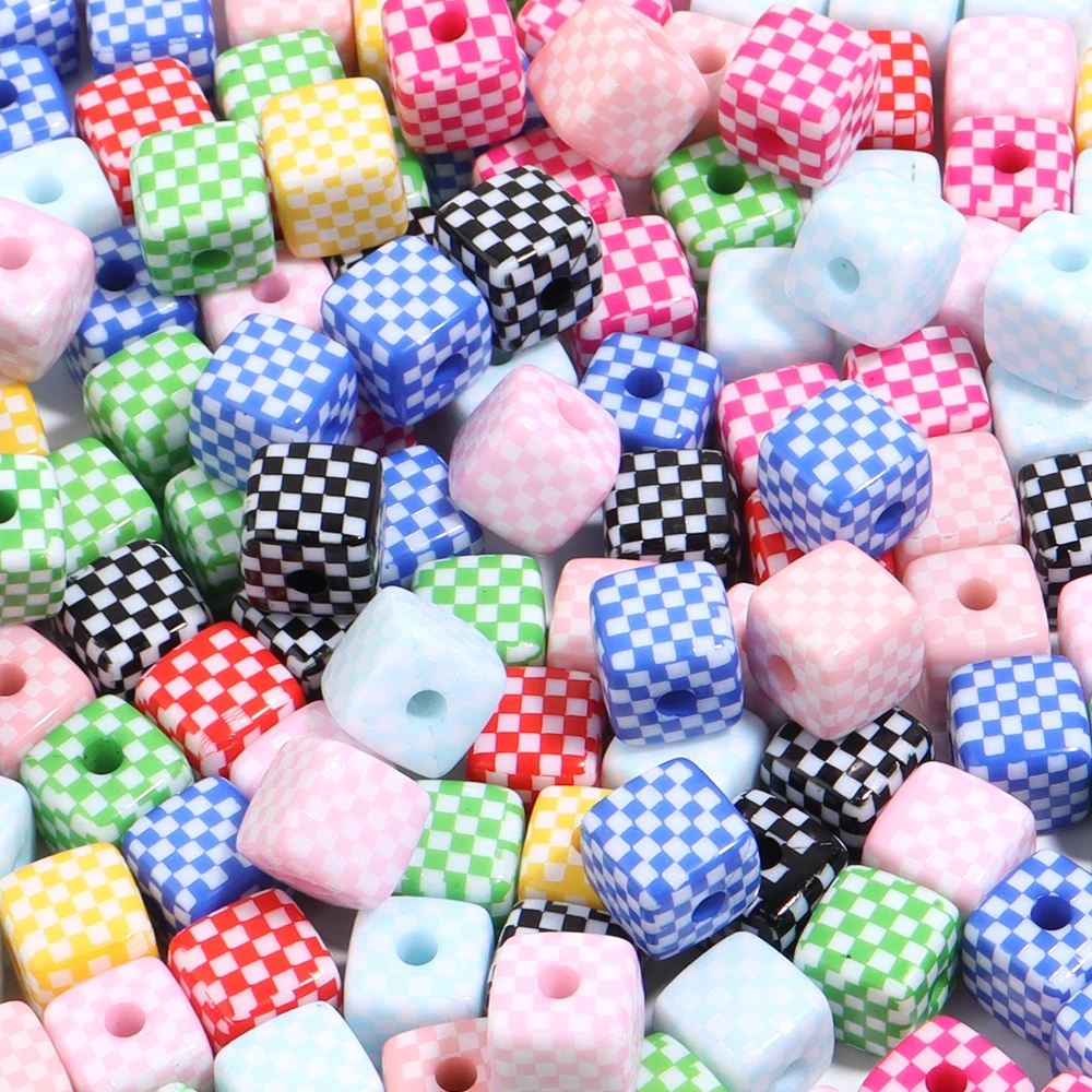 10 stücke 13mm Acryl Quadrat Perlen Bunte Schachbrett Muster Lose Perlen Für Schmuck Machen DIY Armband kinder Spielzeug zubehör