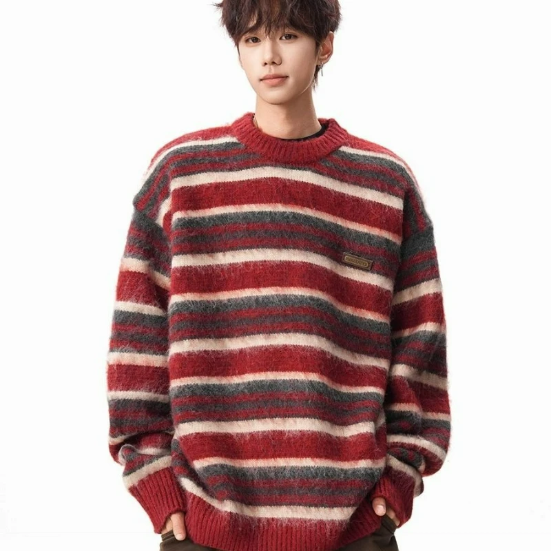 

Американский красный полосатый контрастный свитер с круглым вырезом для мужчин и женщин 2026, осень и зима, новый модный вязаный пуловер в ленивом стиле