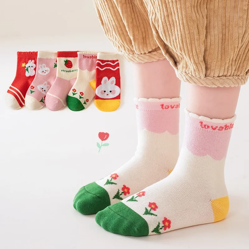 5 Pairs Children's Socks Spring Autumn Breathable Cartoon Kids Middle Tube Sock Child Girls Boys Sports Polyester Socks 1-12 Yrs