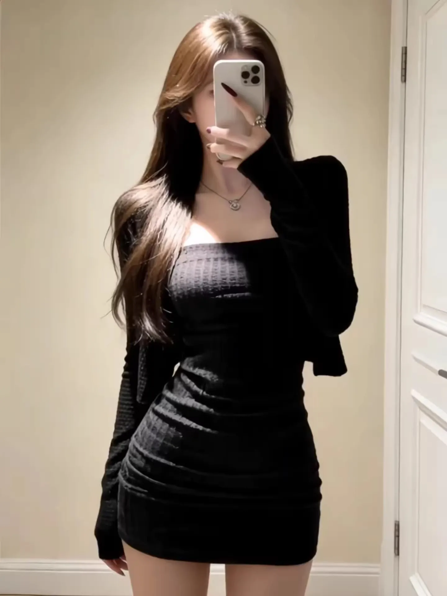 

Sexy Spicy Girl Knitted Set Women Spring Pure Desire Black Knit Open Cardigan Tube Top Wrap around Skirt Short Dress