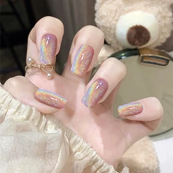 Cat Eye Press On Nails lucido arcobaleno unghie finte stile dolce pezzo per unghie finito completo arcobaleno lucido chiodo finto indossabile per ragazza