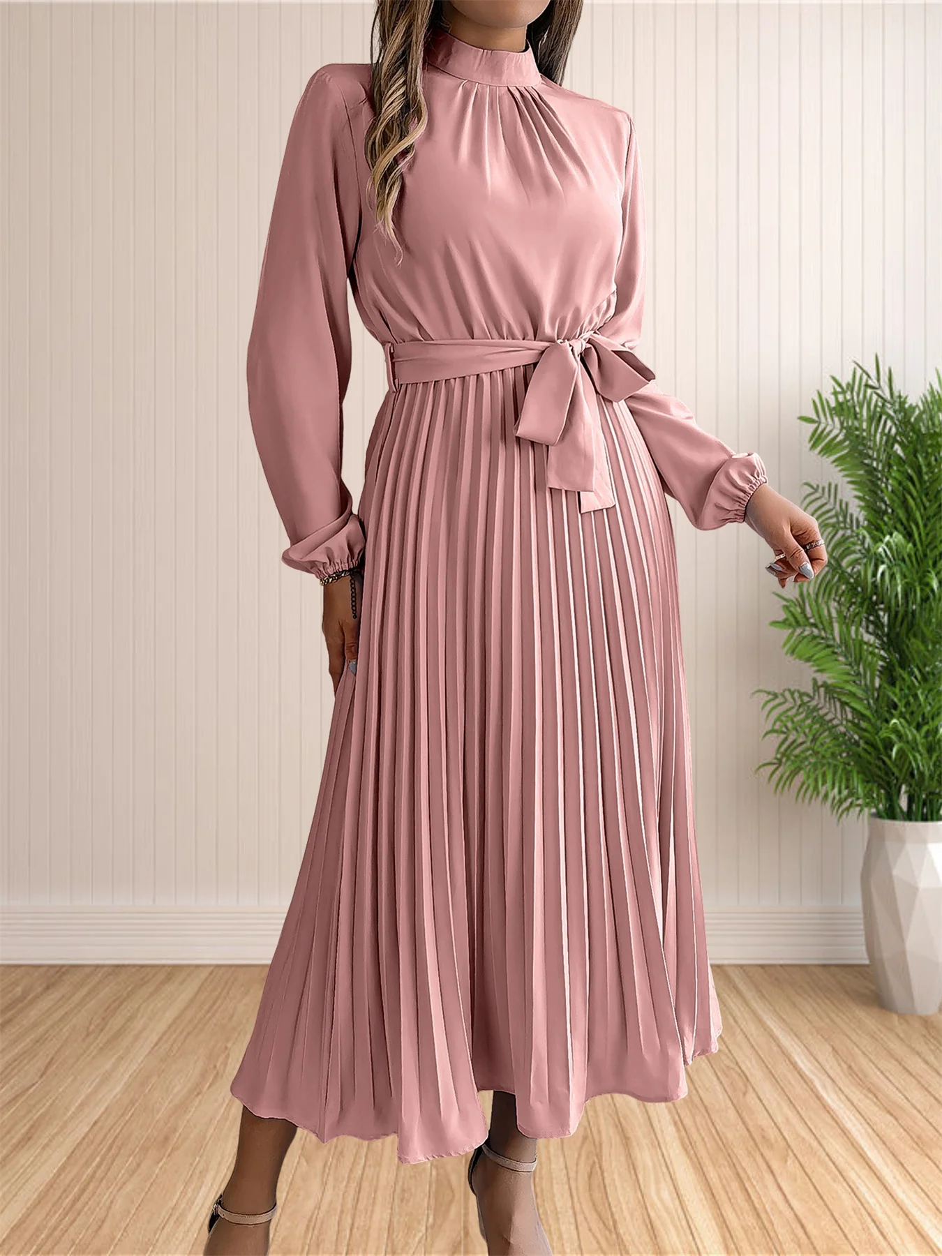 Women's Long Dresses Summer Elegant Pleated Long Sleeveed Lace Up Dresses Beach Boho Wrap Ruffle Hem Swing Sundress