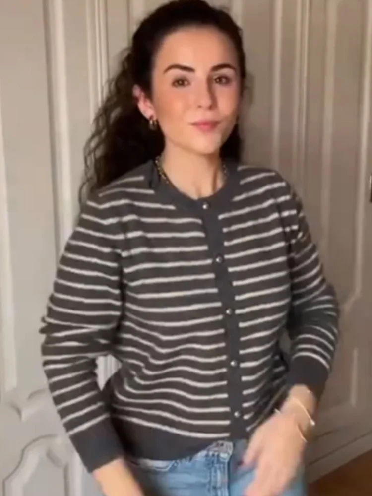 

Женский осенний кардиган в полоску с круглым вырезом, элегантный, шикарный, на одной пуговице, с длинным рукавом, из эластичной вязки