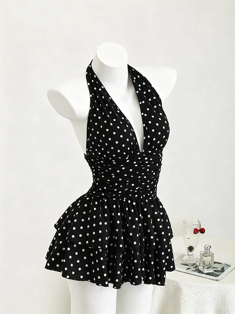 

European and American summer new flower bud polka dot design, hanging neck sleeveless sweet spicy girl backless jumpsuit, black