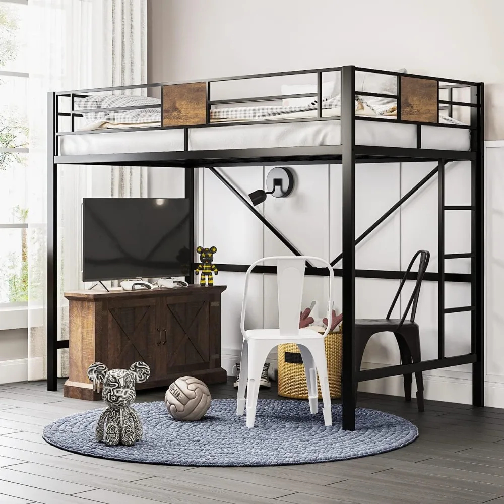 

Loft Bed Twin Size with Ladder and Guardrail,Rustic Design,Metal Slats Support No Box Spring Needed Small Space Savin