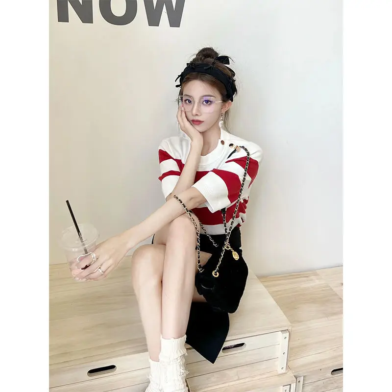 Unique Chic Red and White Striped Knit Ice Silk Short Sleeve T-Shirt Women\'s Fashion Clothing 2024 Summer Aesthetic Korean Style