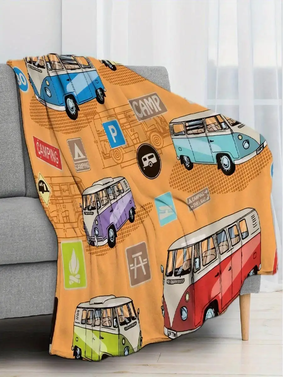 Vintage Camper Van Throw Blanket Soft Polyester Knit Digital Print Lightweight All Seasons Home Decor