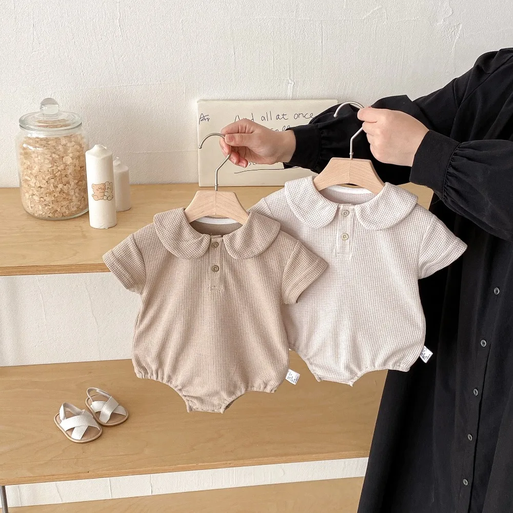 INS Summer Baby Romper 0-2Years Casual Newborn Boy Girl Solid Color Turn Down Collar Cotton Bodysuit Waffle Pattern Clothes
