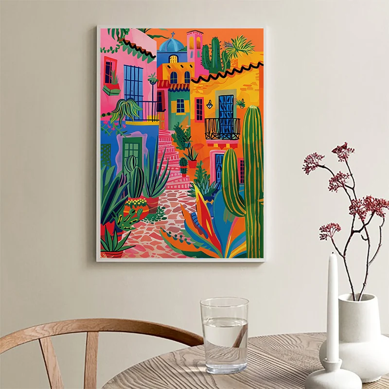1PC frameless decorative art print,Colourful Mexican Street Cactus Poster Wall Art Picture Architecture Boho Canvas Painting Pri - view 3