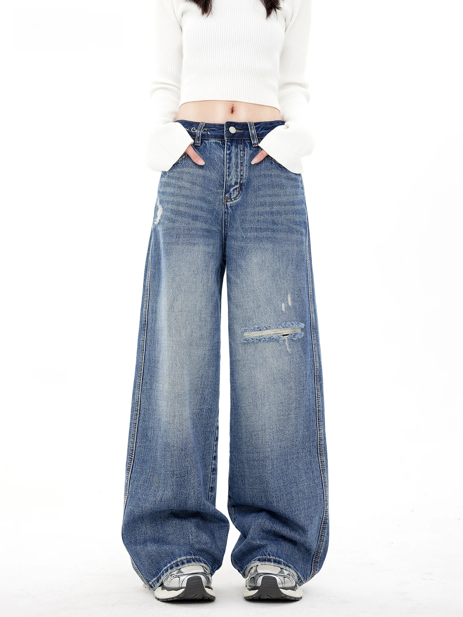 

High Waist Wide Leg Casual Jeans Women's Loose Straight Cut Design Slimming Floor Length Trousers Splice Waist Design