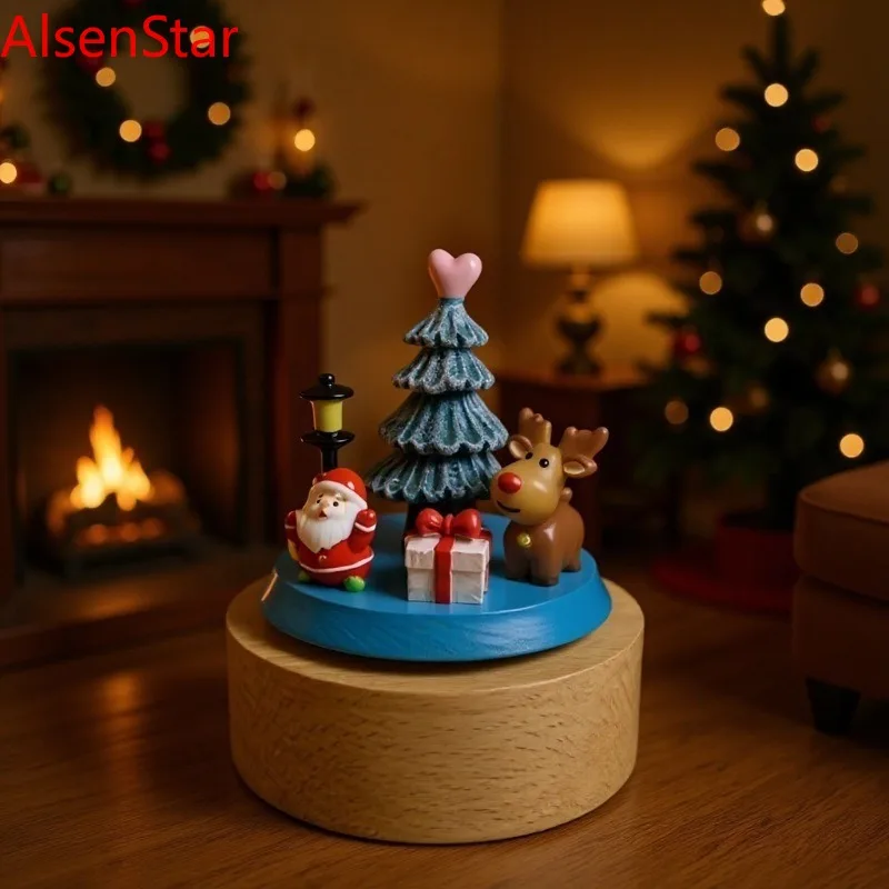 2025 Christmas Music Box Wooden Craft Round Bottom Christmas Tree Clockwork Music Boxes Handicraft Ornament Home Decoration