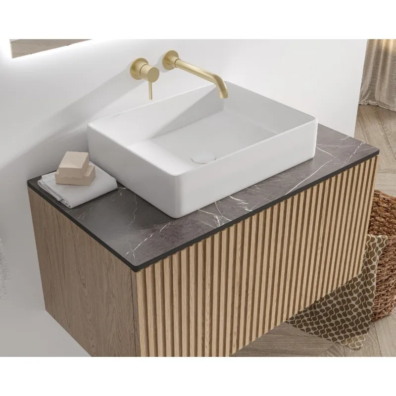 KDS-80P 80cm Wall-Hung Bathroom Cabinet Ribbed Oak Effect Water Resistant  Solid Wood Marble Mirror Cabinet