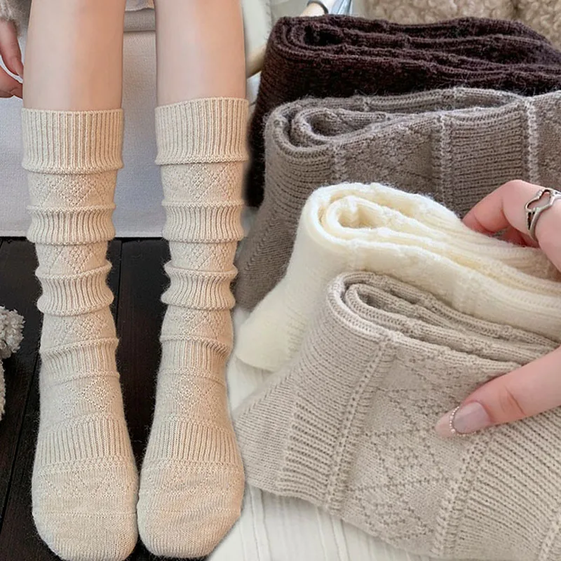 

Retro Winter Women Stockings High Quality Japanese Style New Solid Color Knee High Socks Warm Casual Simple Thicken Long Socks