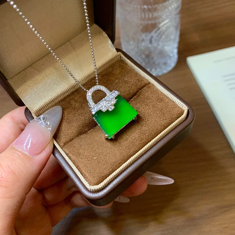 

2026 Trendy Bag Shaped Chalcedony Pendant, Mini Exquisite Design, Icy Glossy Texture Elegant Lucky Jewelry for Women