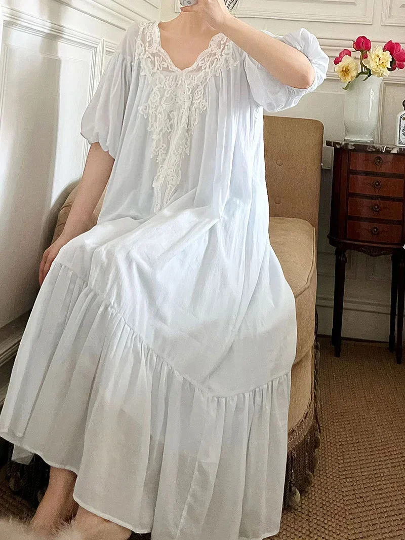 Women V-Neck Ruffles Lace Vintage Nightgowns Robe Nightie Long Dress Victorian Romantic Princess Sleepwear Nightdress Homewear