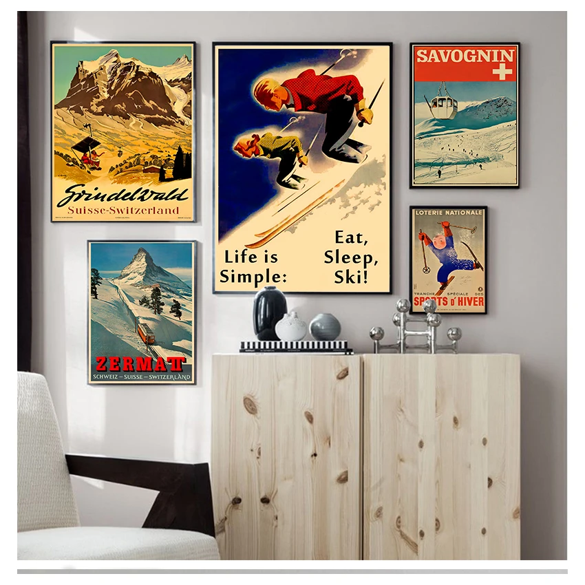 Painting Skiing Vintage Wall Kraft Posters Coated Stickers Home Decoration Picture Gift Art Ski in Australia France Canvas