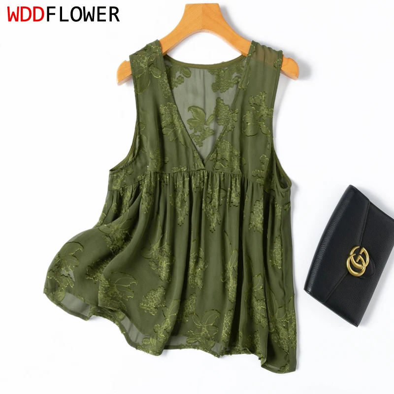 Women Silk Tank Top 100% Mulberry Silk Embroidery Loose Type Thin Olive Green V Neck Vest Sleeveless Top Summer Beach M1176