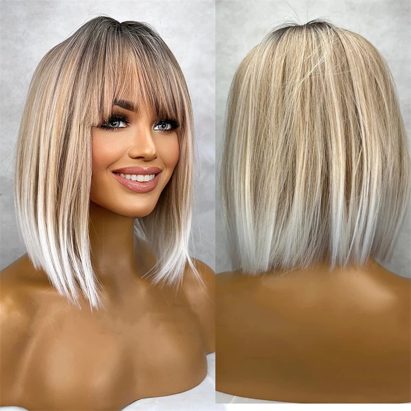 

Short Ash Blonde Synthetic Wig White Balayage Highlights Bob Wig 12 inch Wig Straight Center Parting 150% Density Bangs Wig