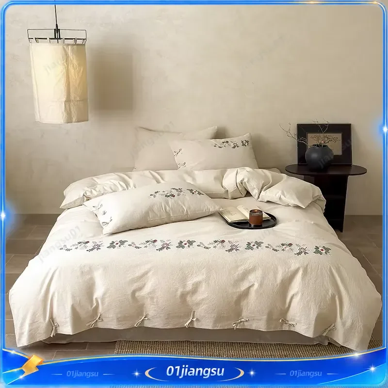 French Country Floral Embroidery Duvet Cover Set 85% Cotton 15% Linen Vintage Bedding Set Flat Fitted Sheet Pillowcases Home