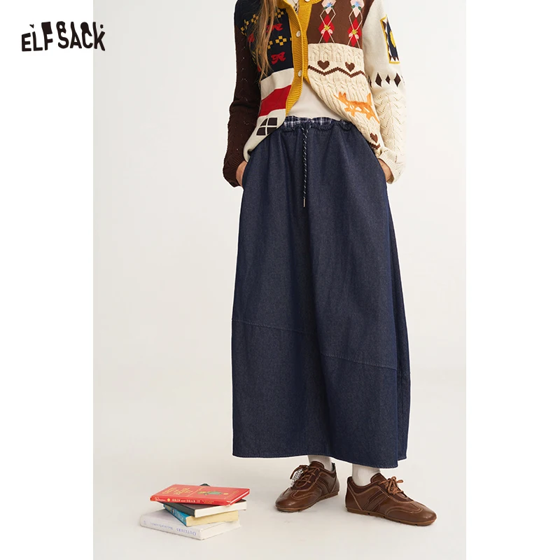 ELFSACK Women Y2K Denim Maxi Skirt with Drawstring Waist & Side Pockets for Casual Daily Outfit