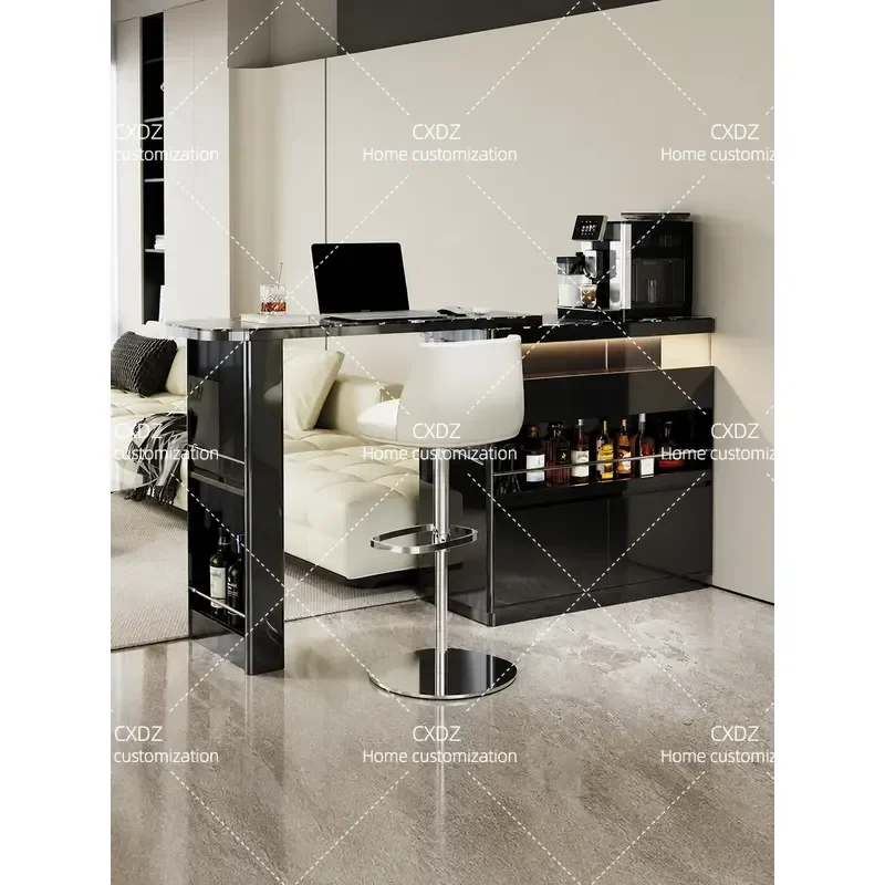 Solid Wood Bar Counter with Retractable Rock Slab Top High End Living Room Partition Wall Mounted Small Bar Table Integrated
