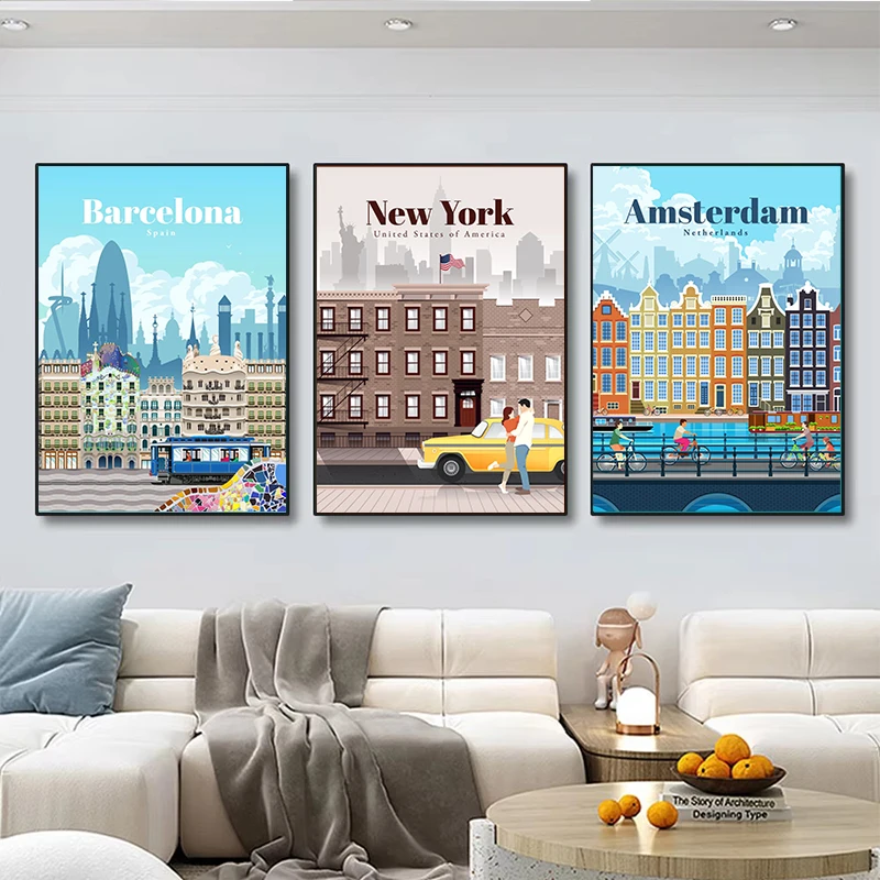 المدن السياحية العالمية الشهيرة المشارك يطبع لندن مدينة نيويورك السفر الرسم على لوحات القماش الجدارية صورة ديكور غرفة المعيشة المنزلي