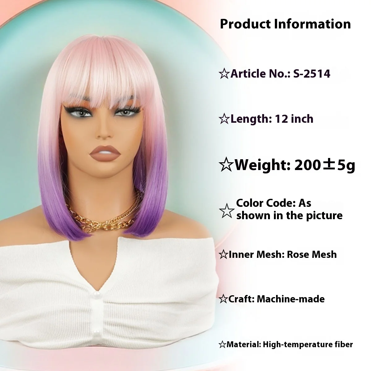 Short Bob Straight Wig With Bangs for Women 12 Inch Ombre Pink Purple Straight Wigs Synthetic Halloween Cosplay Party Daily Hair