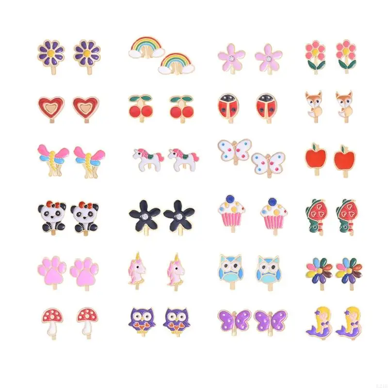 

L21E 24 Pairs of Kids Clip-on Earrings Flower Heart Clip-on Earrings Set for Girls Colorful Flower Clip-on Earrings