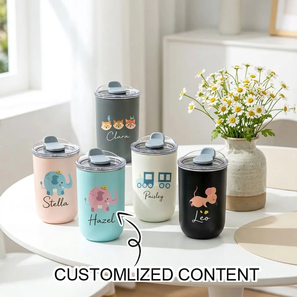 Personalized Kids Stainless Steel Tumbler Custom Name Cute Animal Print Cup With Lid Unique Birthday Gift For Boys Girls.